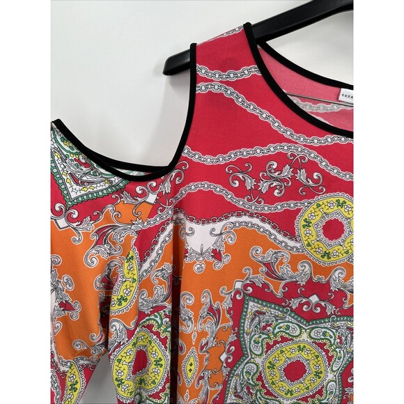 Susan Graver 3X Liquid Knit Top Red Orange Printed Cold Shoulder Casual BOHO - Picture 2 of 9